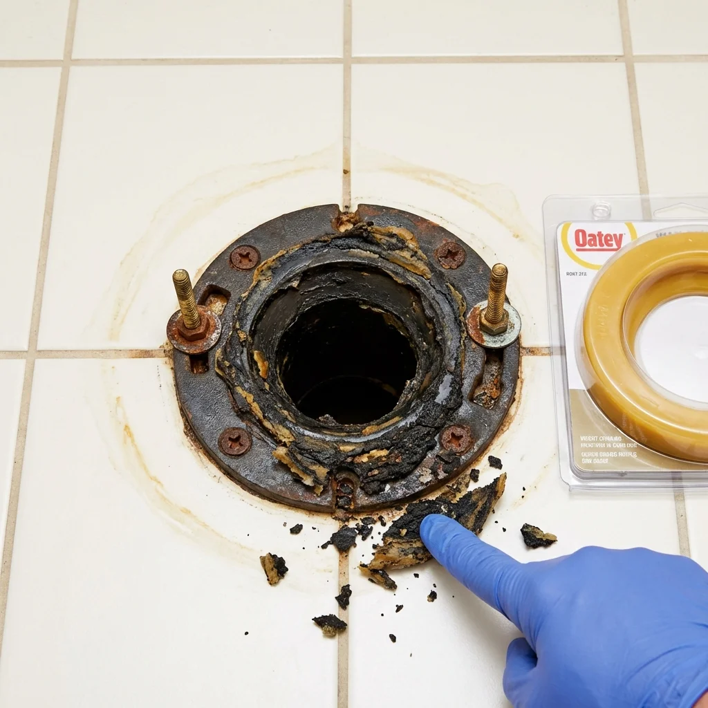 Failed wax ring showing water seepage at the base of a toilet in a Westminster, SC home